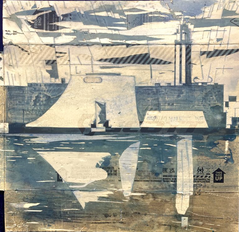 Le Havre, encres sur carton d'emballage, 130x133cm, 2024.